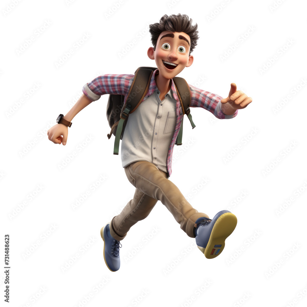 The 3D animation character depicts a teenage boy running with a backpack and a smile, radiating youthful vigor and excitement in his animated stride.