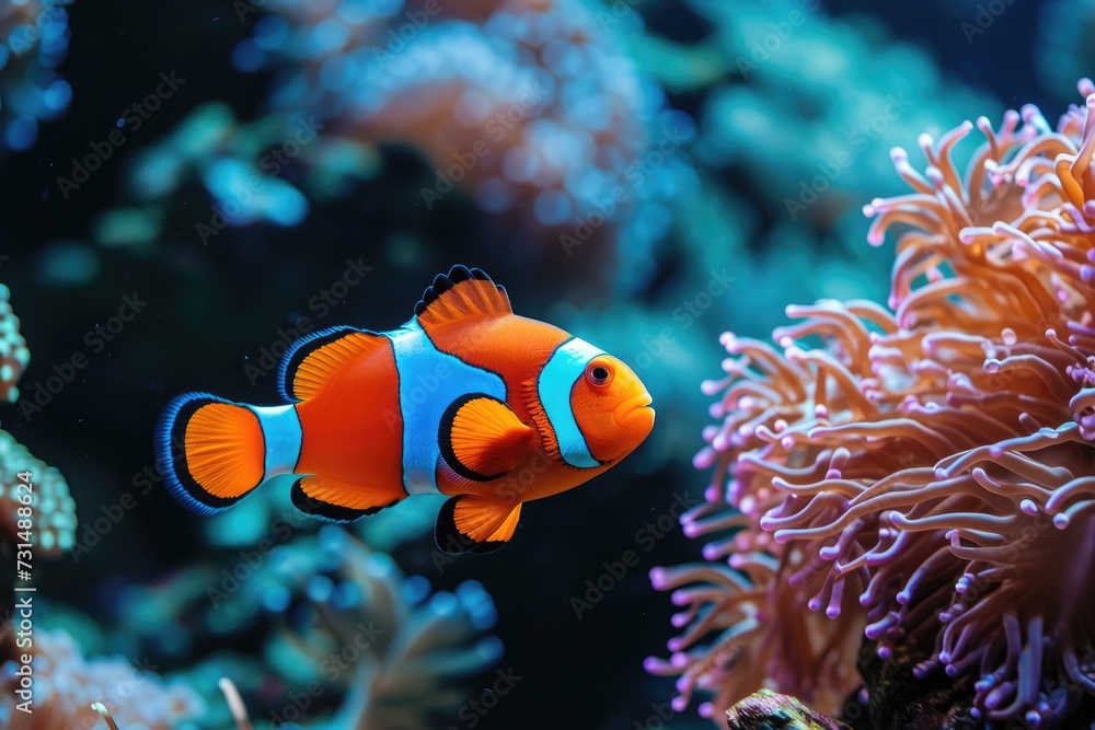A vibrant orange and blue clown fish gracefully swims among coral in an aquarium, A bright orange clownfish swimming among the coral reefs, AI Generated - obrazy, fototapety, plakaty 