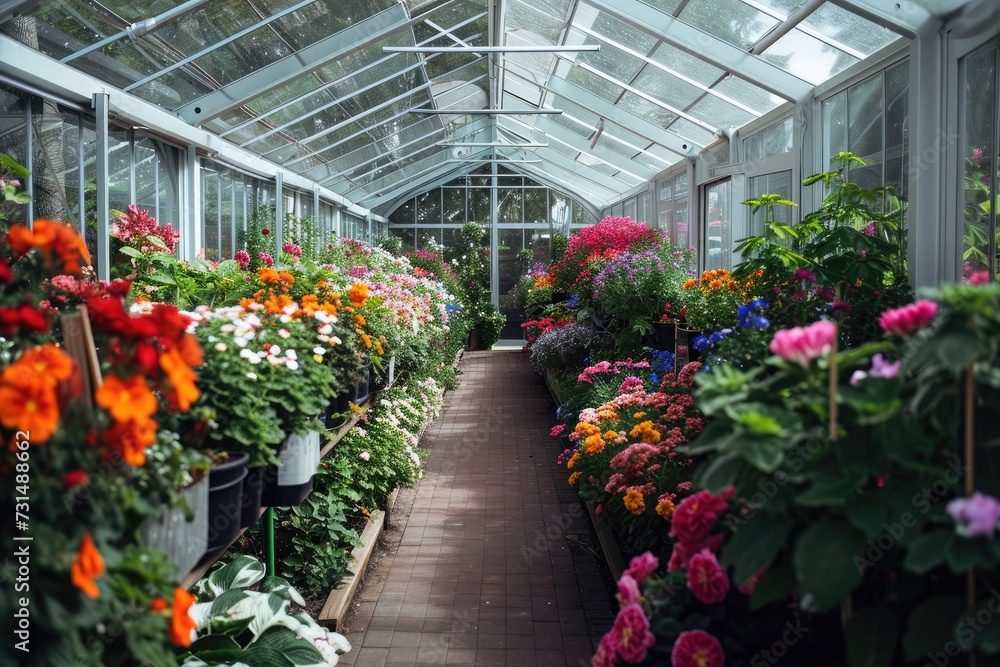 A stunning array of vibrant flowers fill a greenhouse, creating a colorful and inspiring sight, A bright, private greenhouse filled with blooming flowers and lush, green plants, AI Generated