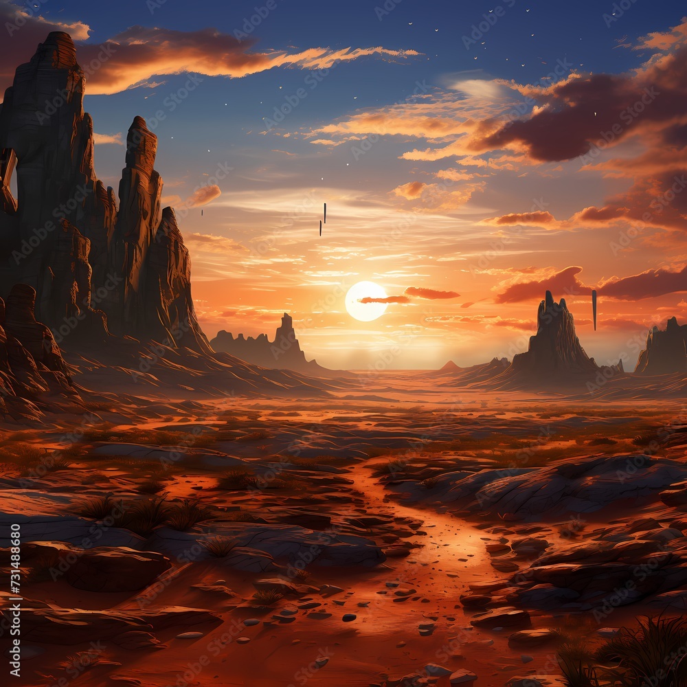 A vast, alien desert landscape with towering rock formations and a distant, double sun setting on the horizon