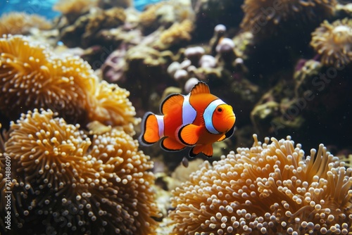 A captivating photo of a clown fish gracefully swimming among vibrant coral formations in a diverse and thriving reef ecosystem, A bright orange clownfish swimming among the coral reefs, AI Generated
