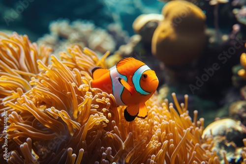 Experience the lively presence of an orange and white clown fish as it gracefully swims in an aquarium, A bright orange clownfish swimming among the coral reefs, AI Generated