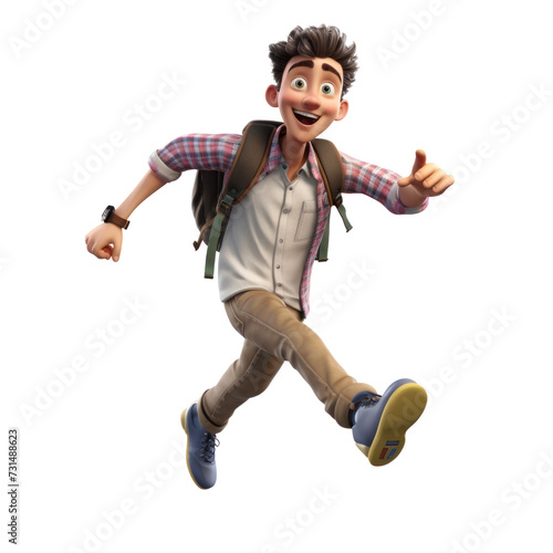 The 3D animation character depicts a teenage boy running with a backpack and a smile, radiating youthful vigor and excitement in his animated stride.