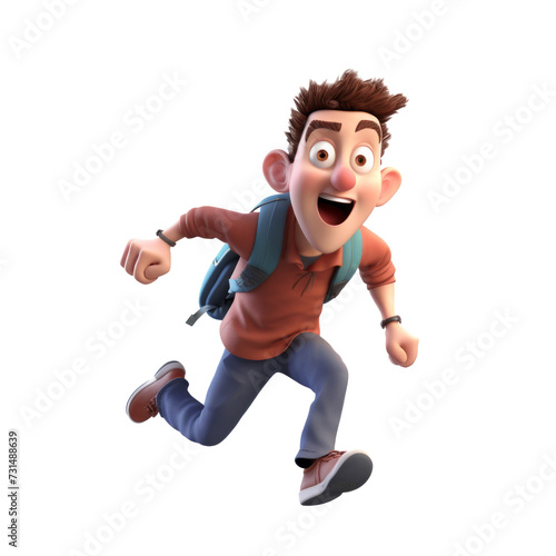 The 3D animation character features a boy running with a backpack and a smile, embodying youthful energy and enthusiasm in his animated movement.