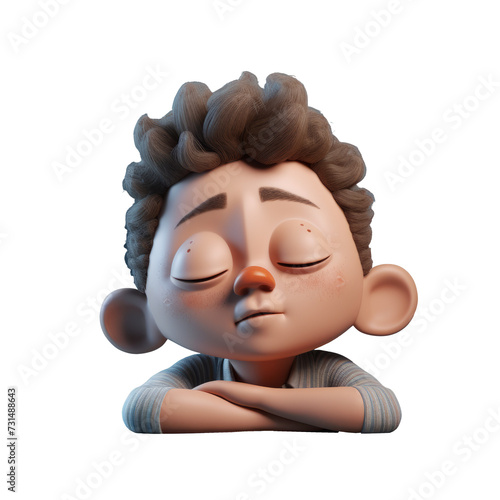 The 3D animation character portrays a young boy with a sleepy expression, eyes shut, conveying a sense of drowsiness or fatigue.