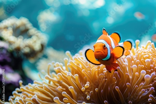 A colorful orange clown fish with vibrant stripes and fins  gracefully swimming in a serene blue background  A bright orange clownfish swimming among the coral reefs  AI Generated