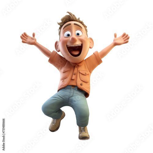 The 3D animation character portrays a young boy expressing excitement upon seeing something, with open arms welcoming the sight, capturing a moment of joyful anticipation.