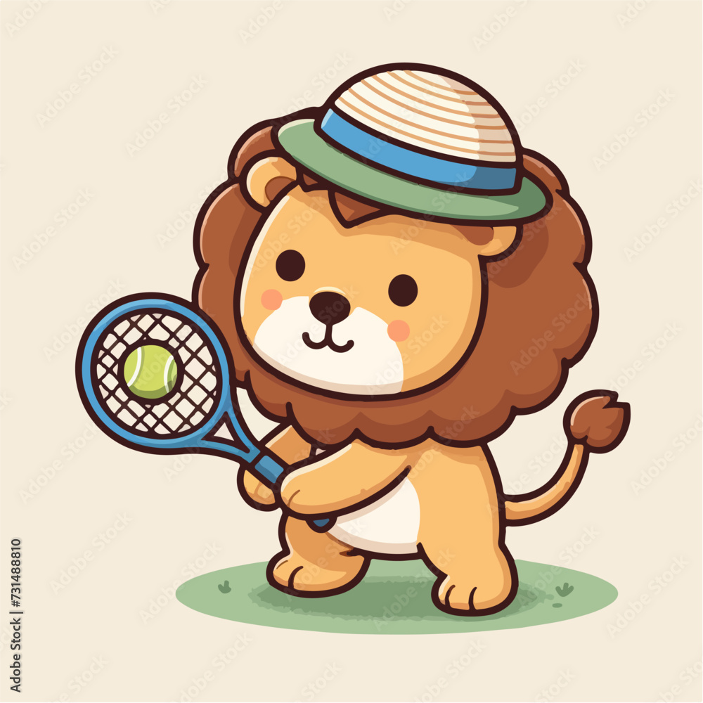sport animal cute lion hitting tennis ball with racket vector illustration sport animal cute lion hitting tennis ball with racket vector illustration