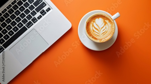 White Cup of latte coffee on orange background