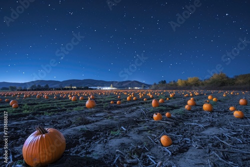 Field of Pumpkins Under a Night Sky, Bountiful Harvest in a Moonlit Landscape, A brightly lit pumpkin patch under a starry night sky, AI Generated photo
