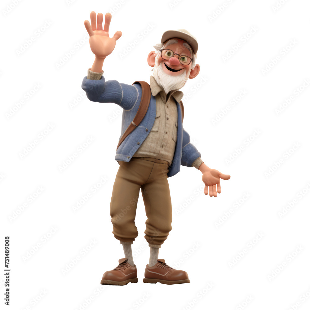 The 3D animation character depicts a grandpa with a smile, waving his hand in a friendly gesture, radiating warmth and kindness.