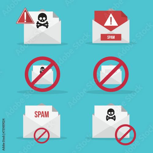 Spamming mailbox icon set. Email hacking and spam warning symbol. EPS10 Vector Illustration.