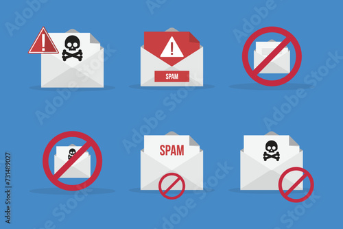 Spamming mailbox icon set. Email hacking and spam warning symbol. EPS10 Vector Illustration.