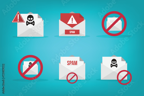 Spamming mailbox icon set. Email hacking and spam warning symbol. EPS10 Vector Illustration.