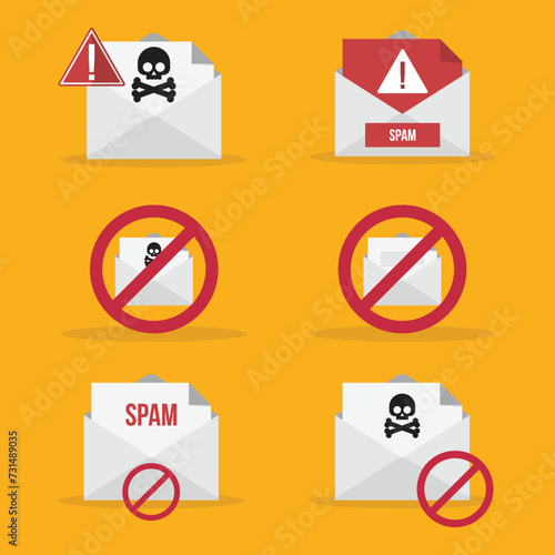Spamming mailbox icon set. Email hacking and spam warning symbol. EPS10 Vector Illustration.