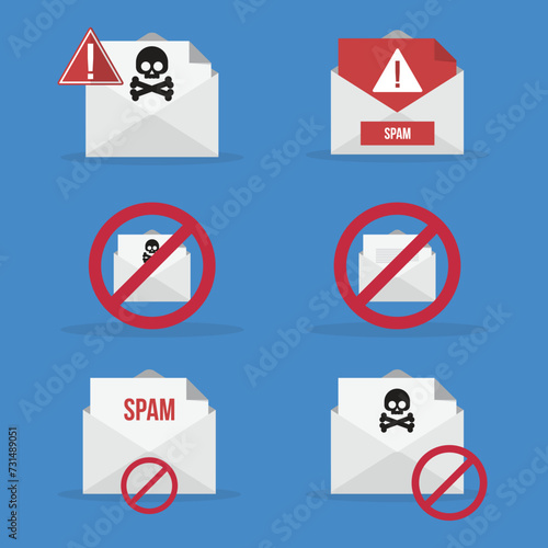 Spamming mailbox icon set. Email hacking and spam warning symbol. EPS10 Vector Illustration.