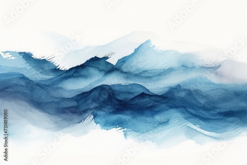 A captivating painting of serene blue waves gently crashing against a clean white background, A bundle of watercolor strokes emulating Japanese Zen art, AI Generated photo