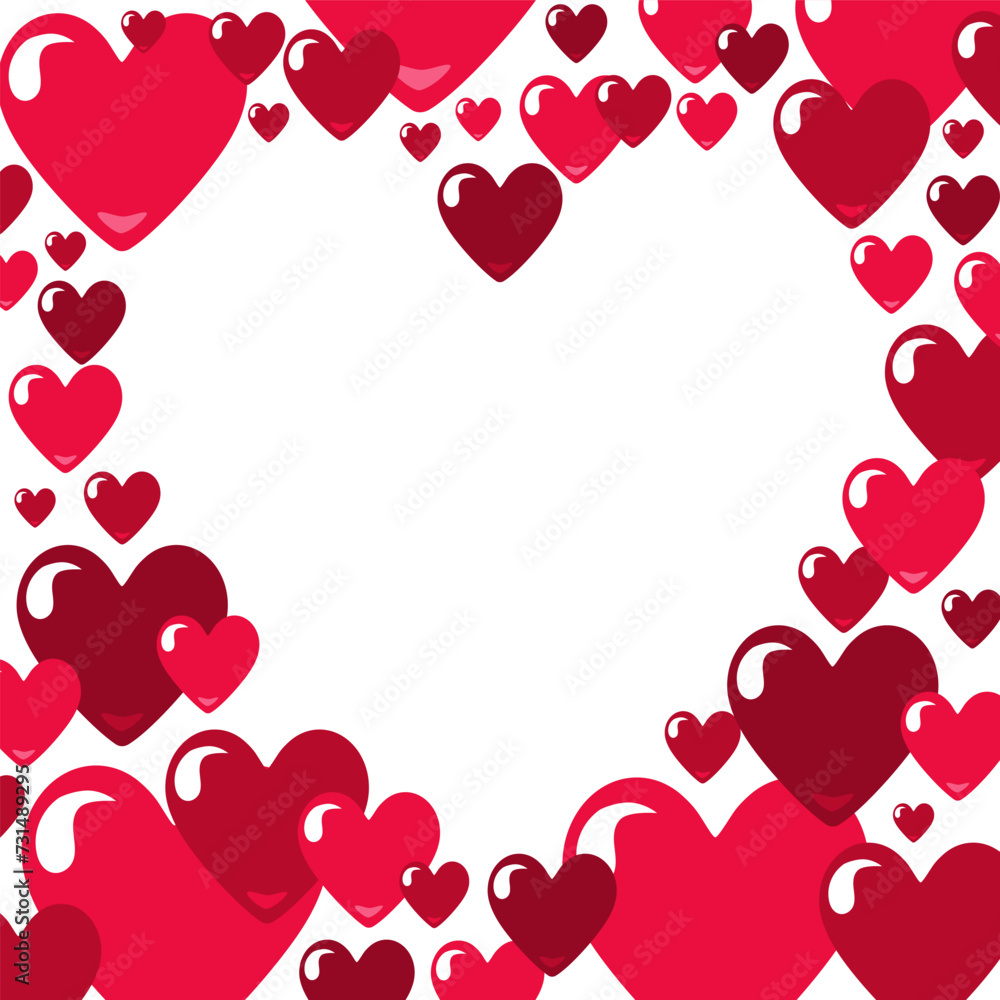 Vector frame with red hearts for Valentine day. Flat design element. For greeting card and banner