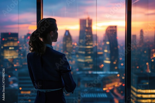 A woman stands in front of a window, gazing out at the bustling city outside, A businesswoman standing thoughtfully in her office, cityscape in the backdrop, AI Generated