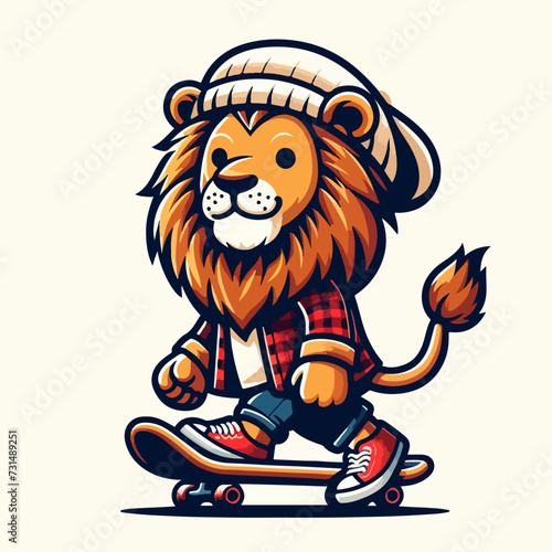 sport animal cool lion on a skate board wearing a knit hat vector illustration