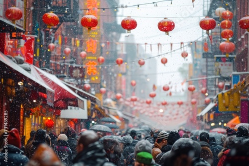 A group of individuals move together on a street covered in snow, A bustling Chinatown during Chinese New Year celebrations, AI Generated