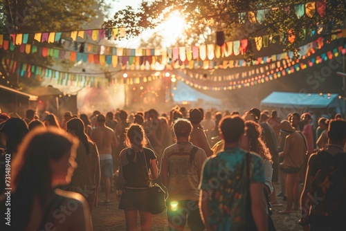 Festivalgoers Flock Together in a Vibrant Gathering of Joy and Excitement, A bustling outdoor music festival, radiating fun and youthfulness, AI Generated photo