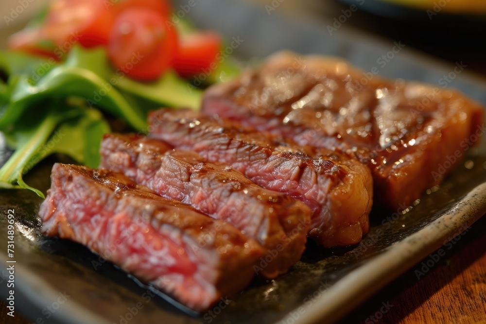 A mouth-watering close-up of a plate of food featuring juicy, flavorful meat, A carefully sliced Japanese Matsusaka beef steak, AI Generated