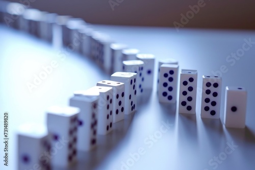 Row of Dominos on Table, Classic Game Ready to Be Played, A chain reaction of falling dominos to represent runaway inflation, AI Generated