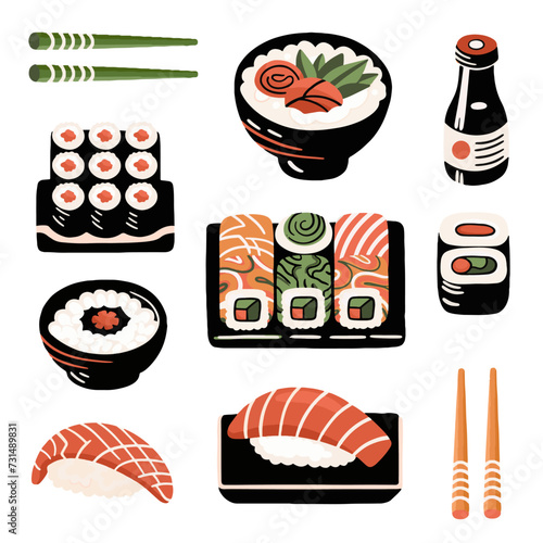 Seth vector sauces, sushi, nigiri avocado and salmon, rolls pink, green, yellow, wasabi, ginger, wok, sticks, chinese sticks, noodles. In a modern flat style. 