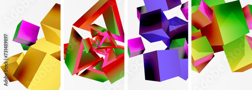 Flying 3d shapes, cubes and other geometric elements background design for wallpaper, business card, cover, poster, banner, brochure, header, website