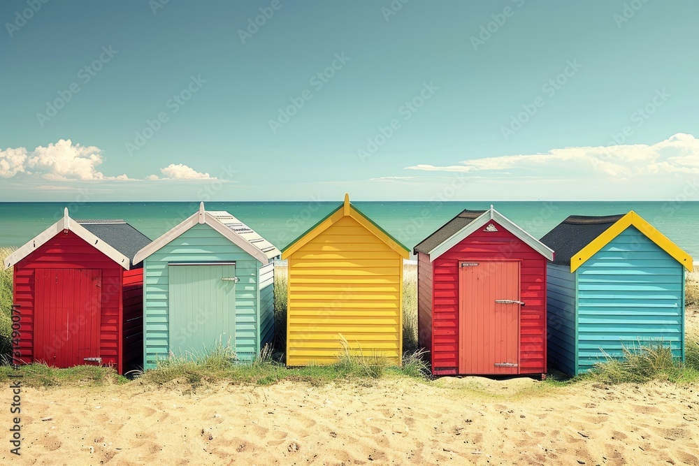 A picturesque row of vibrant beach huts beautifully situated on a sandy shoreline, A charming row of colorful beach huts along a sandy shoreline, AI Generated A picturesque row of vibrant beach huts beautifully situated on a sandy shoreline, A charming row of colorful beach huts along a sandy shoreline, AI Generated