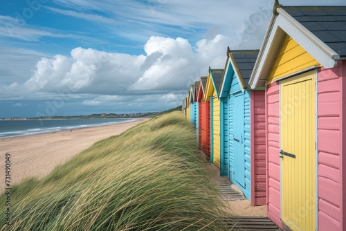 A captivating view of a row of colorful beach huts perfectly situated right next to the sparkling ocean, A charming row of colorful beach huts along a sandy shoreline, AI Generated