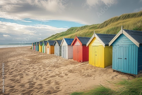 Colorful Beach Huts Sitting on Sandy Beach, Picture Perfect Vacation Spot, A charming row of colorful beach huts along a sandy shoreline, AI Generated