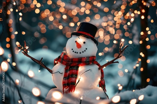 A cheerful snowman sporting a top hat and scarf, standing tall in a picturesque winter scene, A charming snowman under twinkling holiday lights, AI Generated