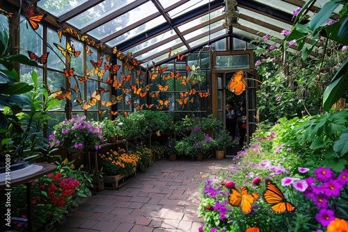A vibrant garden teeming with an abundance of blooming flowers and fluttering butterflies, A charming Victorian-era conservatory filled with brightly colored butterflies, AI Generated