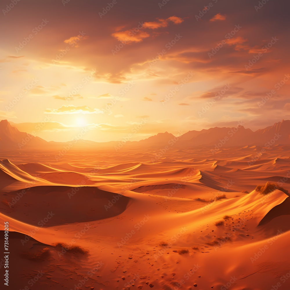 A vast desert landscape with towering sand dunes, as the sun sets, casting a warm, orange glow across the arid expanse