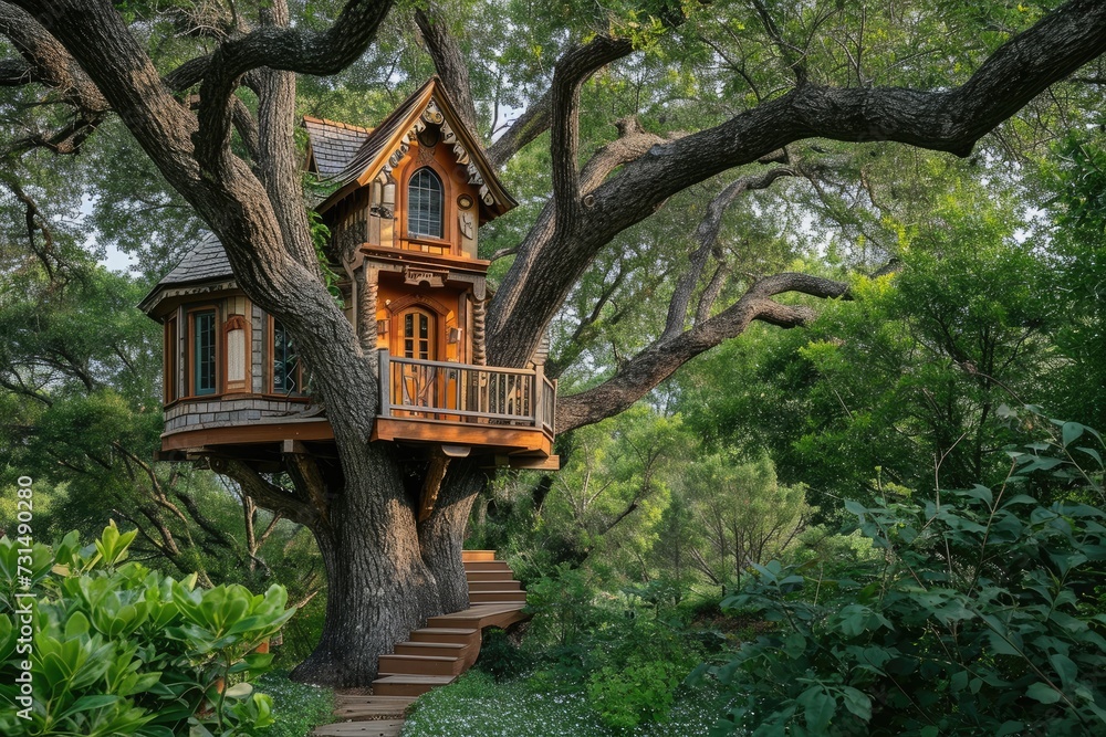Discover a rustic hideaway nestled amongst the trees in the middle of a lush forest, A children's treehouse in a lush, sprawling oak tree, AI Generated