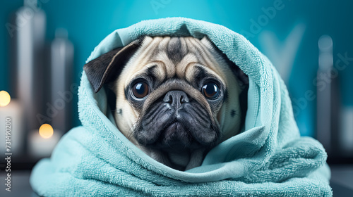 A pug, cozily wrapped in a towel post bath, against a blue background © Алла Морозова