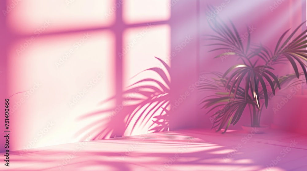 Abstract pink color gradient studio background for product presentation. Empty room with shadows of window and flowers and palm leaves . 3d room with copy space. Summer concert. Blurred backdrop.   