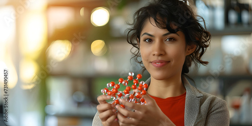 A focused female scientist gazing intently at a detailed  interlocking molecular structure she holds aloft  illustrating the beauty and complexity of the natural world. 