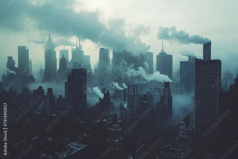 This photo captures the moment when smoke emerges from a city, creating a visually striking and alarming scene, A city skyline doomed by the shadow of inflation, AI Generated