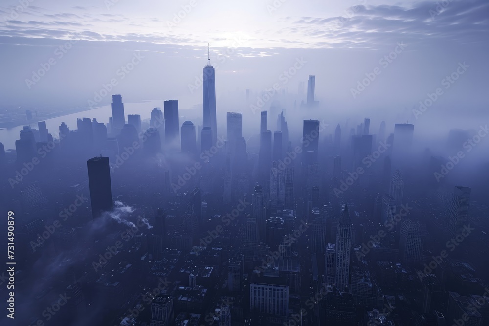 Capture the captivating essence of a city shrouded in fog with this stunning aerial image showcasing a hazy urban landscape, A city skyline doomed by the shadow of inflation, AI Generated