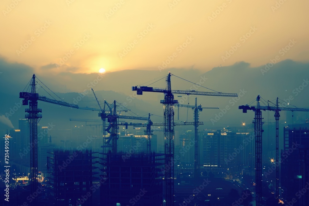 Sunset Over City Skyline With Cranes in Foreground, A city under construction with a forest of cranes against the skyline, AI Generated