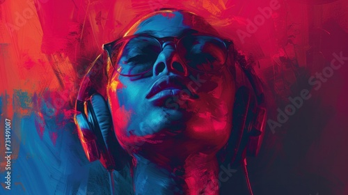 Digital art portrait of person listening to music on headphones    photo