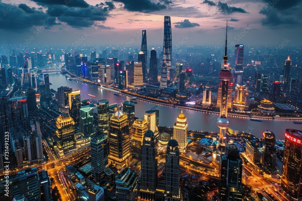 Obraz premium Nighttime Aerial View of City Lights Illuminating Urban Landscape, A city's skyline bursting with vibrant festivals and lights, AI Generated