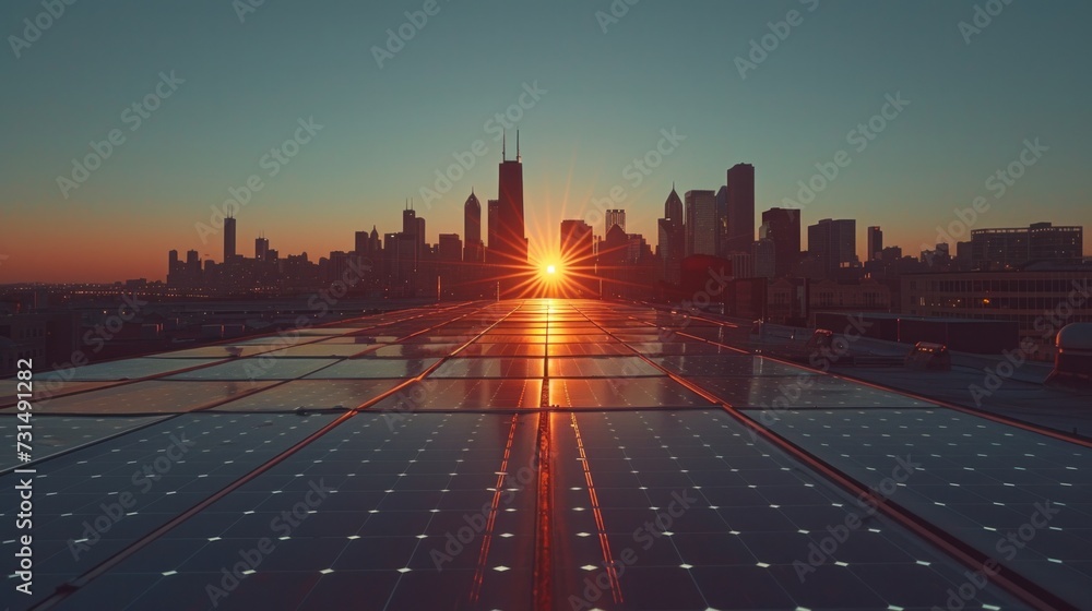 Landscape photography, Solar panels sprawling across a rooftop, with the city skyline in the background under a clear sky