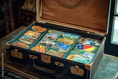 A suitcase on top of a table displaying a captivating assortment of stickers in different sizes and designs, A classic, retro suitcase-styled gift box with travel stickers, AI Generated