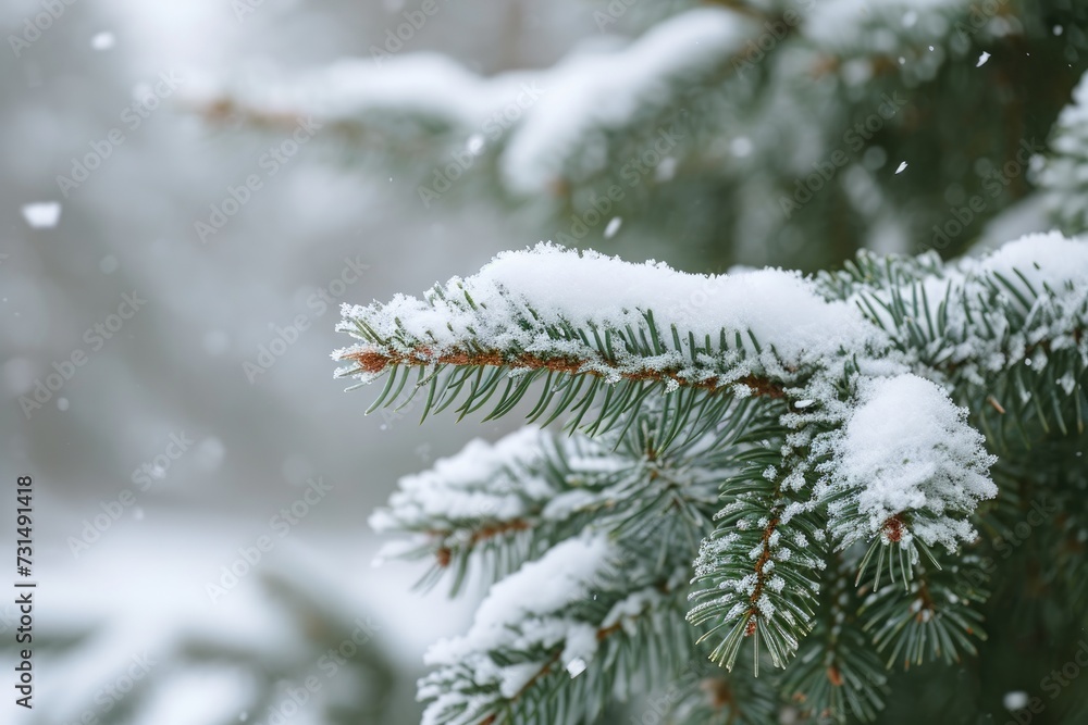 A close-up photo of a pine tree covered in snow, showcasing the beauty of winter, A close up of a pine tree branch covered in snow, AI Generated