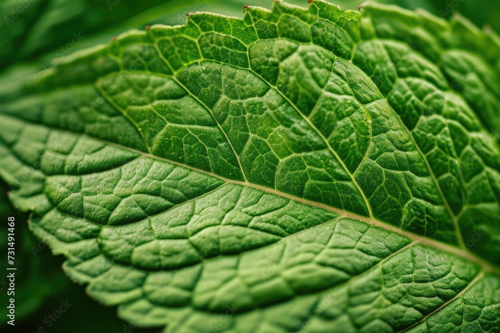A detailed close-up shot of a vibrant green leaf, showcasing its intricate patterns and natural beauty, A close up of the textured veins of a mint leaf, AI Generated A detailed close-up shot of a vibrant green leaf, showcasing its intricate patterns and natural beauty, A close up of the textured veins of a mint leaf, AI Generated