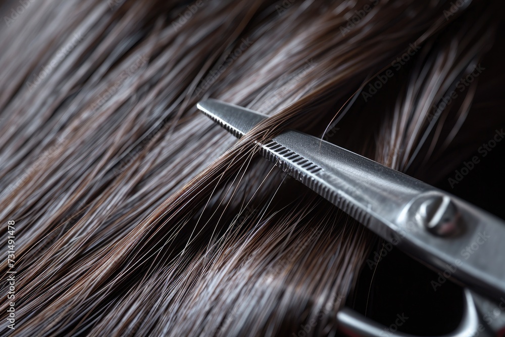 Naklejka premium A detailed shot capturing the precise moment when a pair of scissors is cutting hair, A close-up depiction of scissors cutting a strand of hair, AI Generated